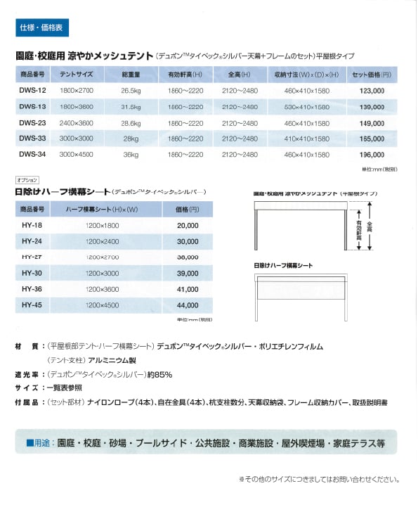 仕様・価格表、用途について